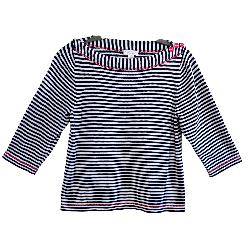 Christopher & Banks Black White Striped Cotton Boat Neck Sweater Pink Buttons L